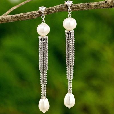 Alternate image for Handcrafted Cultured Pearl and Silver Waterfall Earrings Dancing Lily