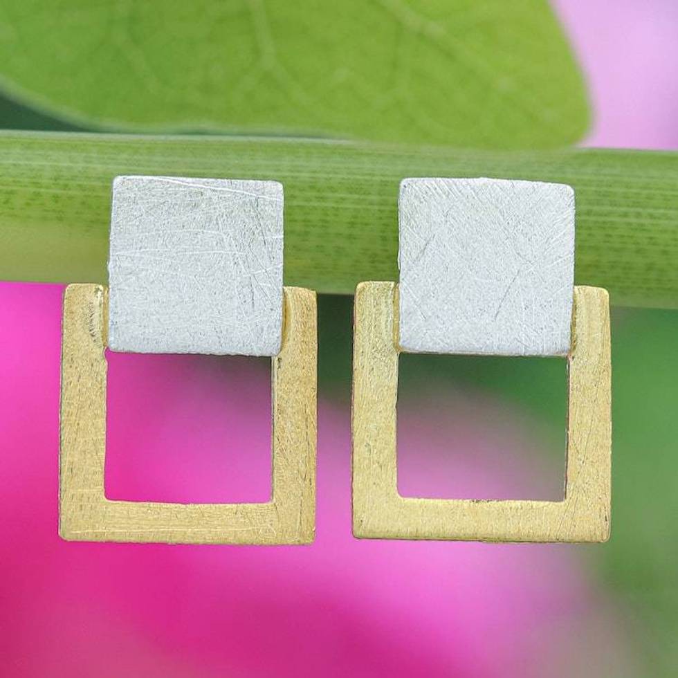 Modern Geometric 18k Gold-Accented Drop Earrings 'Gloriously Square'