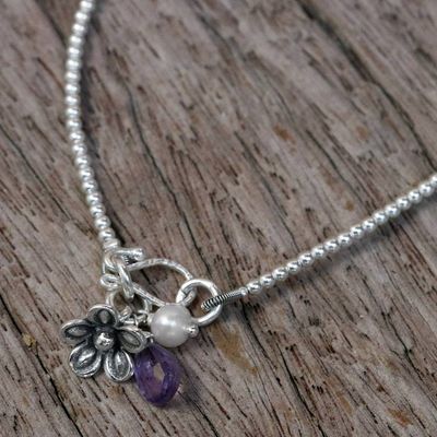 Alternate image for Cultured Pearl Amethyst and Silver Floral Beaded Bracelet Blossoming Friendship
