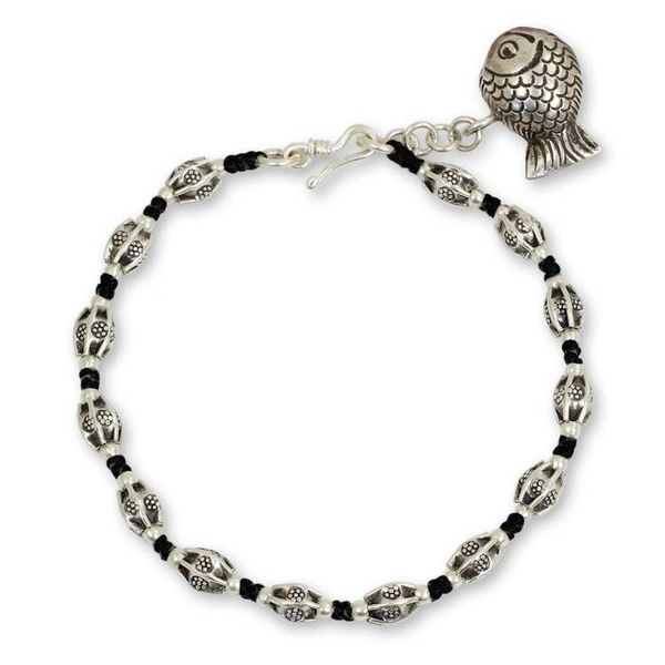 Alternate image for Hill Tribe Style Beaded Silver Bracelet with Fish Charm Lucky Fish