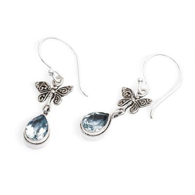 Alternate image for Butterfly-Themed 2-Carat Blue Topaz Silver Dangle Earrings Precious Flutter
