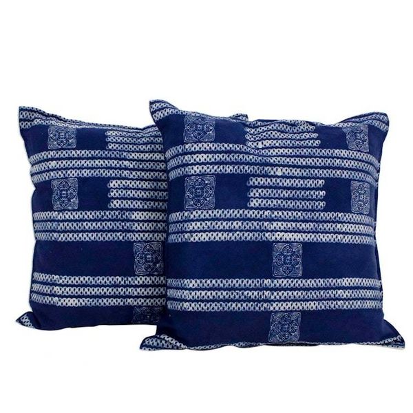Alternate image for Hand Crafted Blue Batik Square Cushion Covers Pair Indigo Dreams
