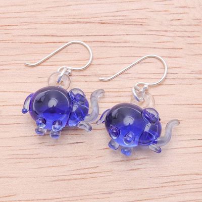 Alternate image for Elephant-Shaped Handblown Glass Dangle Earrings in Blue Blue Elephant Glam