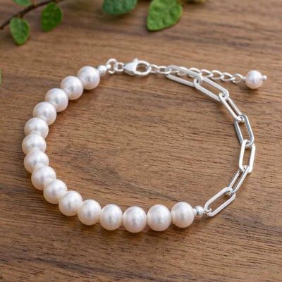 Alternate image for High-Polished Natural White Cultured Pearl Beaded Bracelet Link to Elegance
