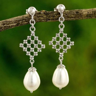 Alternate image for Modern Design Earrings with White Pearls and 925 Silver White Rosebud