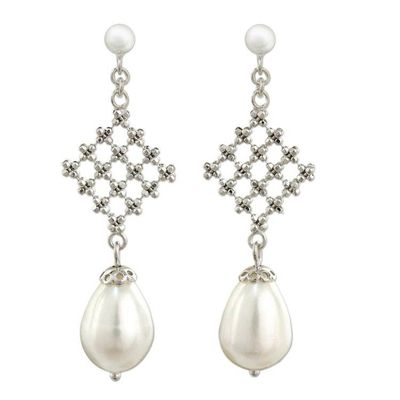 Alternate image for Modern Design Earrings with White Pearls and 925 Silver White Rosebud