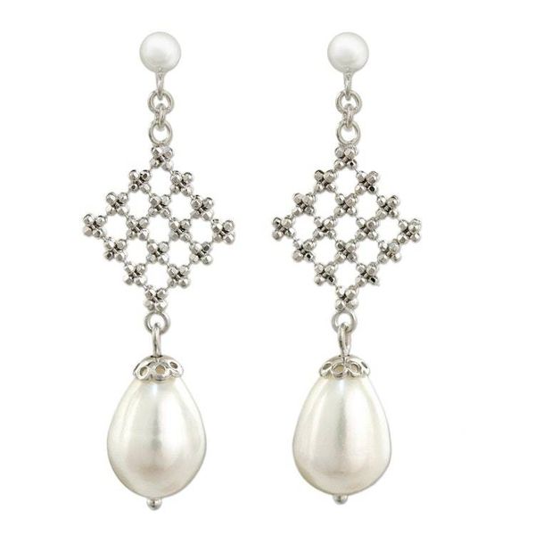 Alternate image for Modern Design Earrings with White Pearls and 925 Silver White Rosebud