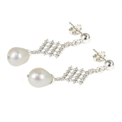 Alternate image for Modern Design Earrings with White Pearls and 925 Silver White Rosebud