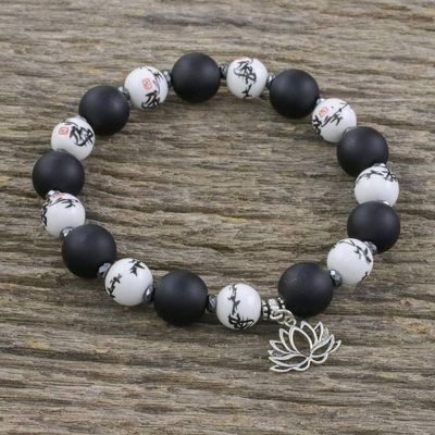 Alternate image for Beaded Ceramic and Onyx Stretch Bracelet with Lotus Charm Night Lotus