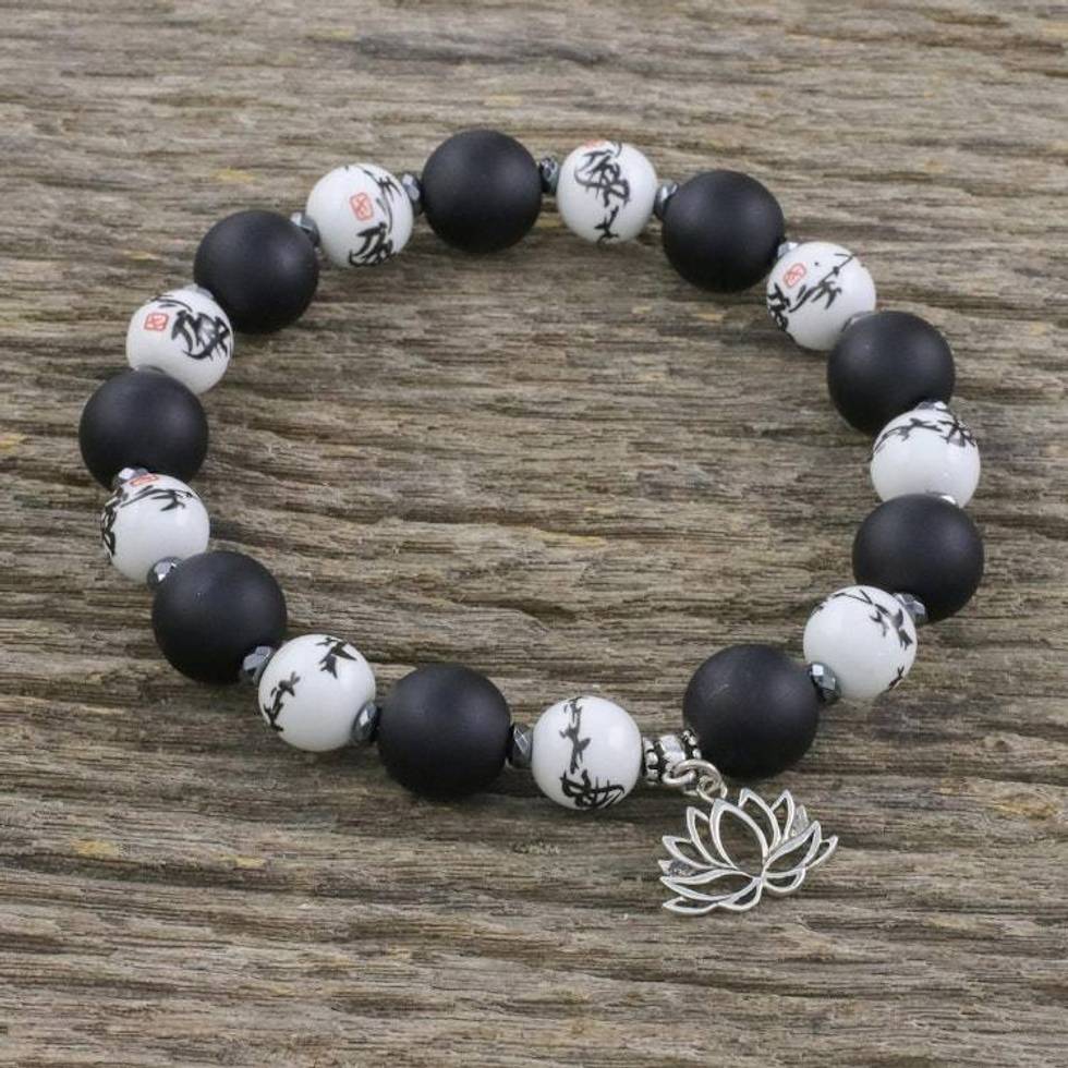 Beaded Ceramic and Onyx Stretch Bracelet with Lotus Charm 'Night Lotus'