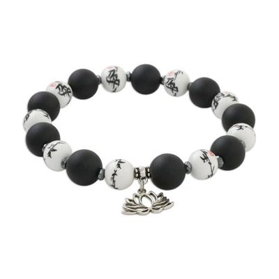 Alternate image for Beaded Ceramic and Onyx Stretch Bracelet with Lotus Charm Night Lotus