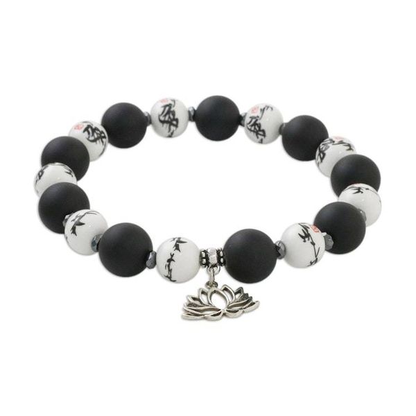 Alternate image for Beaded Ceramic and Onyx Stretch Bracelet with Lotus Charm Night Lotus