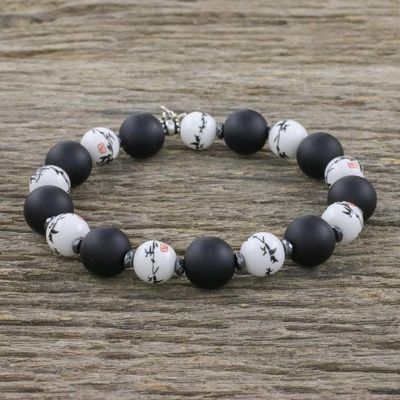 Alternate image for Beaded Ceramic and Onyx Stretch Bracelet with Lotus Charm Night Lotus