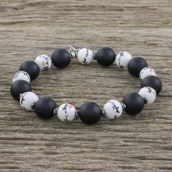 Alternate image for Beaded Ceramic and Onyx Stretch Bracelet with Lotus Charm Night Lotus