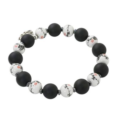 Alternate image for Beaded Ceramic and Onyx Stretch Bracelet with Lotus Charm Night Lotus