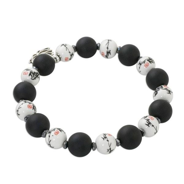 Alternate image for Beaded Ceramic and Onyx Stretch Bracelet with Lotus Charm Night Lotus