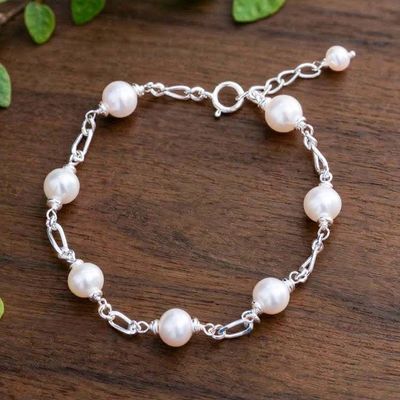 Alternate image for White Cultured Pearl and Sterling Silver Station Bracelet Pearl Station