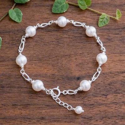 Alternate image for White Cultured Pearl and Sterling Silver Station Bracelet Pearl Station