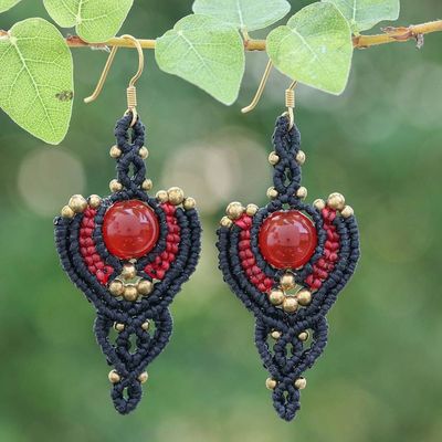 Alternate image for Hand-Knotted Carnelian and Brass Macrame Dangle Earrings Courageous Arts