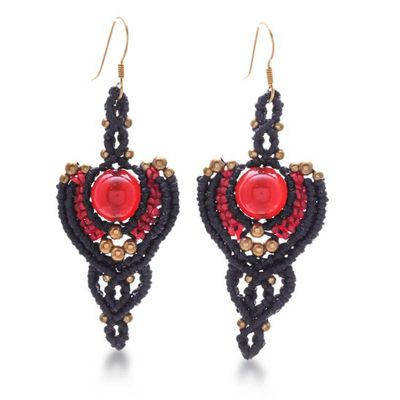 Alternate image for Hand-Knotted Carnelian and Brass Macrame Dangle Earrings Courageous Arts