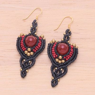 Alternate image for Hand-Knotted Carnelian and Brass Macrame Dangle Earrings Courageous Arts