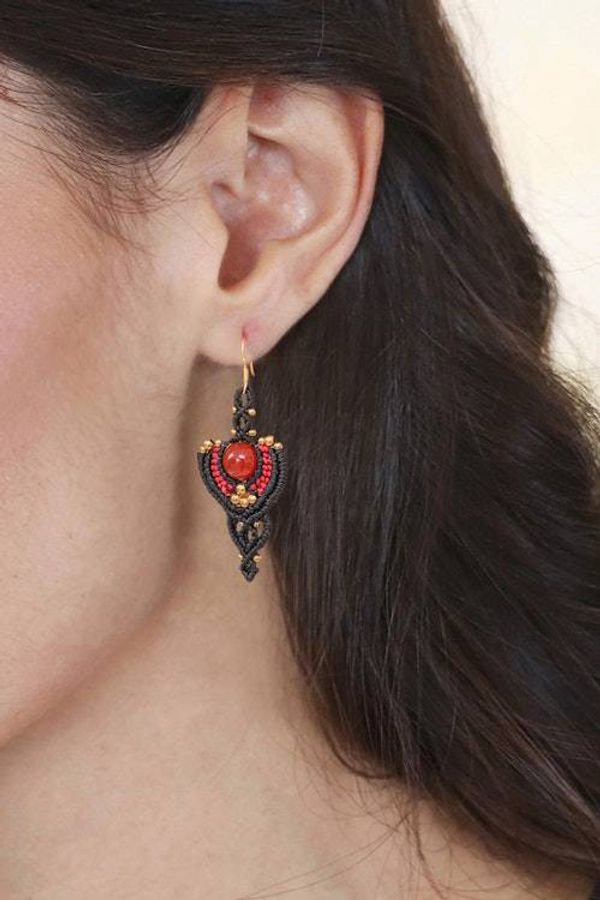 Alternate image for Hand-Knotted Carnelian and Brass Macrame Dangle Earrings Courageous Arts