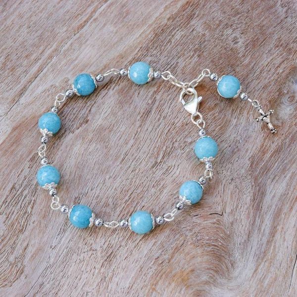 Alternate image for Hematite and Glass Beaded Rosary Bracelet with Silver Cross Blue Rosary