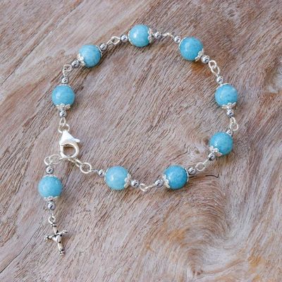 Alternate image for Hematite and Glass Beaded Rosary Bracelet with Silver Cross Blue Rosary