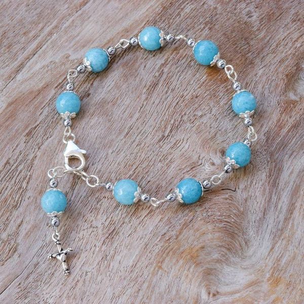 Alternate image for Hematite and Glass Beaded Rosary Bracelet with Silver Cross Blue Rosary