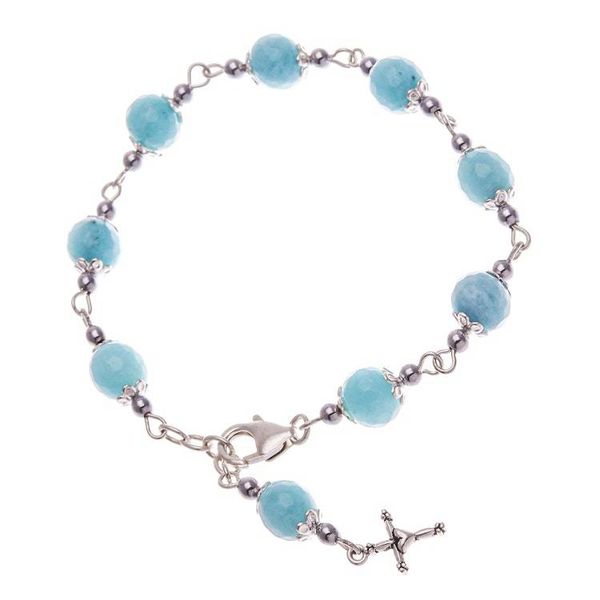 Alternate image for Hematite and Glass Beaded Rosary Bracelet with Silver Cross Blue Rosary