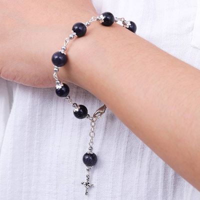 Alternate image for Hematite and Glass Beaded Rosary Bracelet with Silver Cross Blue Rosary