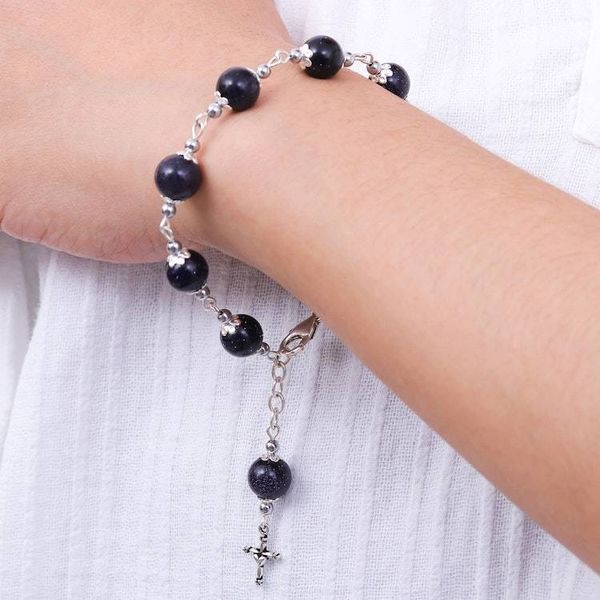 Alternate image for Hematite and Glass Beaded Rosary Bracelet with Silver Cross Blue Rosary