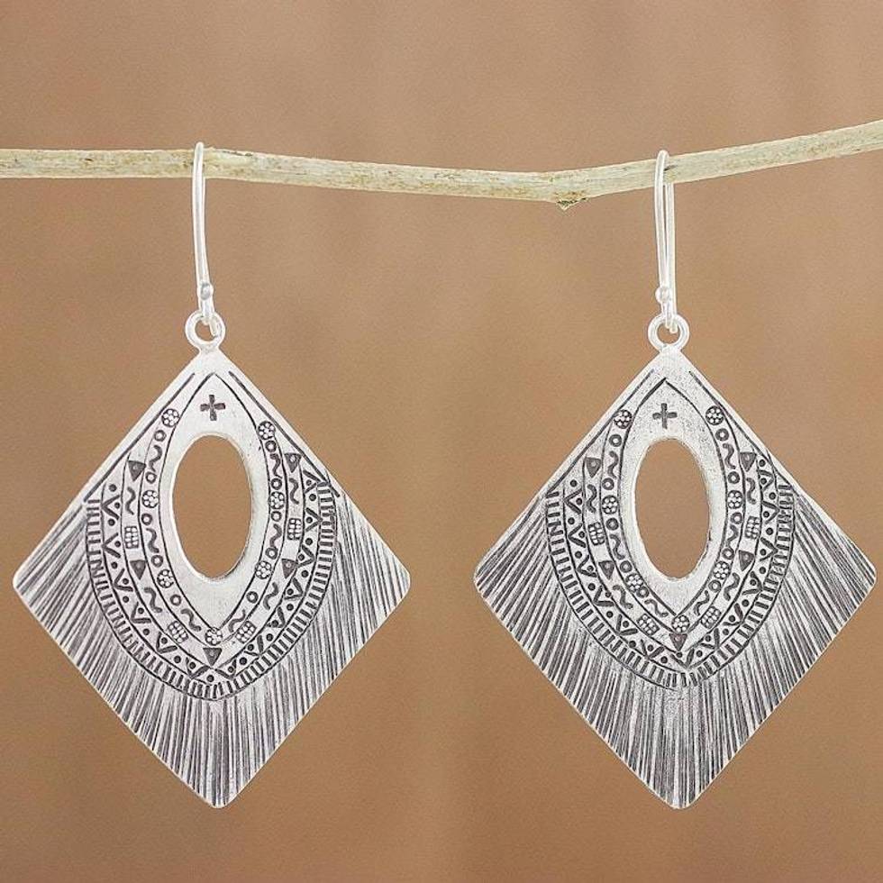 Diamond-Shaped Silver Dangle Earrings from Thailand 'Karen Symbols'
