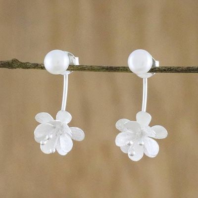Alternate image for Handcrafted Cultured Pearl and Sterling Silver Drop Earrings Night Blossoms