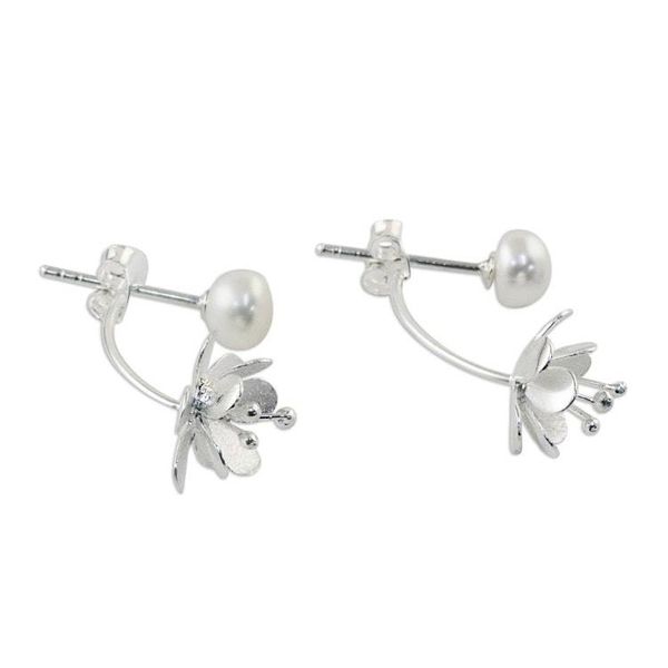 Alternate image for Handcrafted Cultured Pearl and Sterling Silver Drop Earrings Night Blossoms