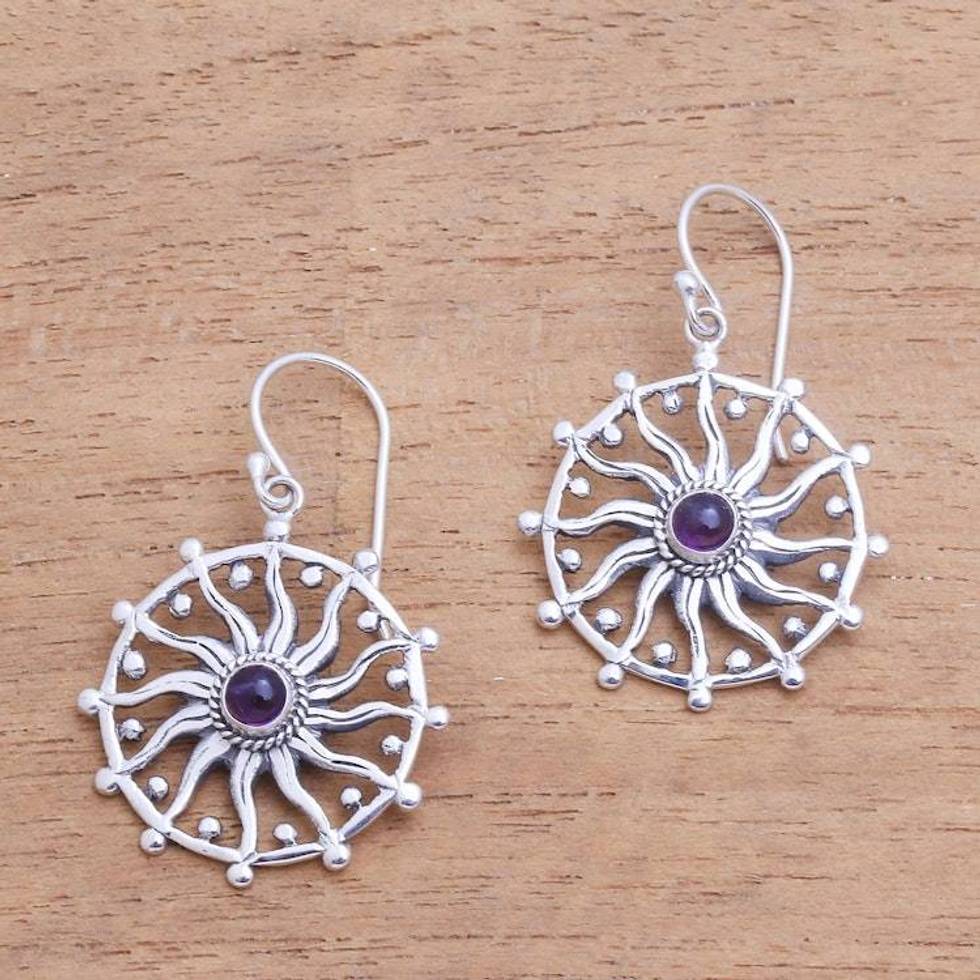 Sun Motif Amethyst Dangle Earrings from Bali 'Regal Rays'