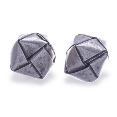 Alternate image for Cube-Themed Woven-Like Hill Tribe Silver Stud Earrings Minimalist Cube