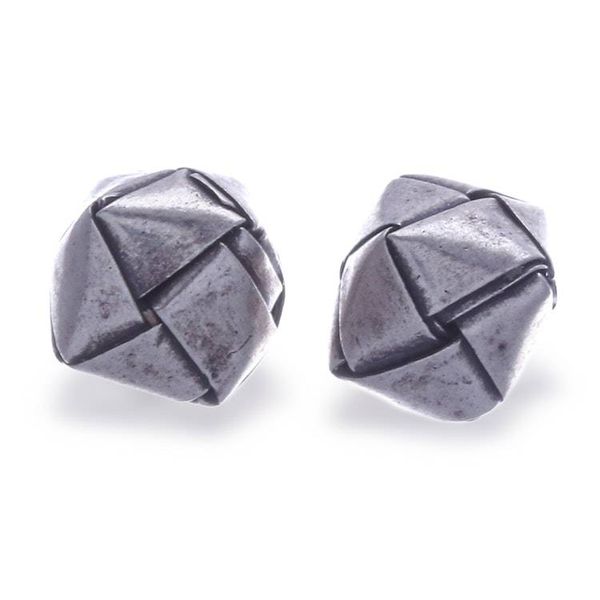 Alternate image for Cube-Themed Woven-Like Hill Tribe Silver Stud Earrings Minimalist Cube