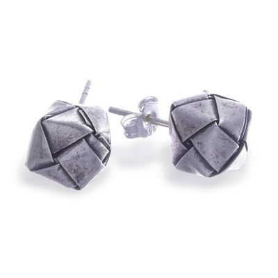 Alternate image for Cube-Themed Woven-Like Hill Tribe Silver Stud Earrings Minimalist Cube