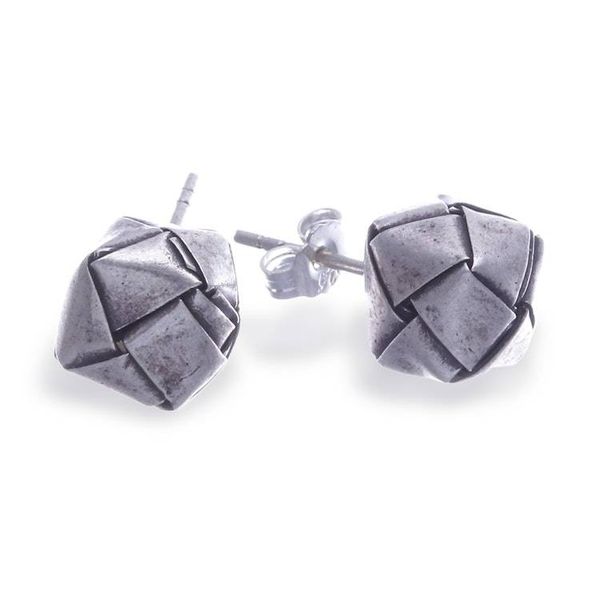 Alternate image for Cube-Themed Woven-Like Hill Tribe Silver Stud Earrings Minimalist Cube