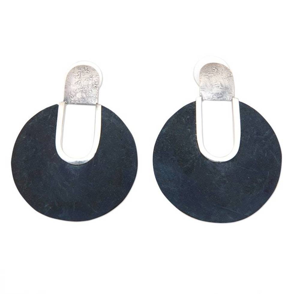 Handmade Sterling Silver and Coconut Shell Drop Earrings 'Moon Faced'