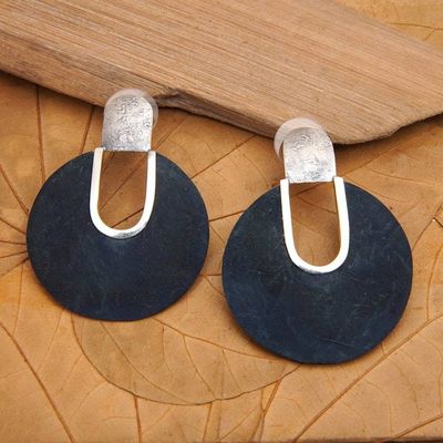 Alternate image for Handmade Sterling Silver and Coconut Shell Drop Earrings Moon Faced