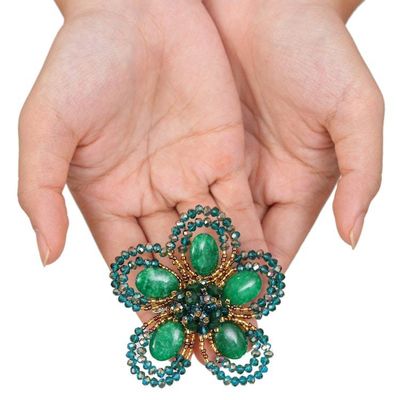 Alternate image for Handcrafted Floral Green Quartz and Glass Beaded Brooch Pin Spring in Harmony