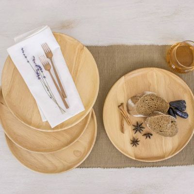 Primary image for Four Handcrafted Round Rubberwood Plates from Thailand Circle Delight