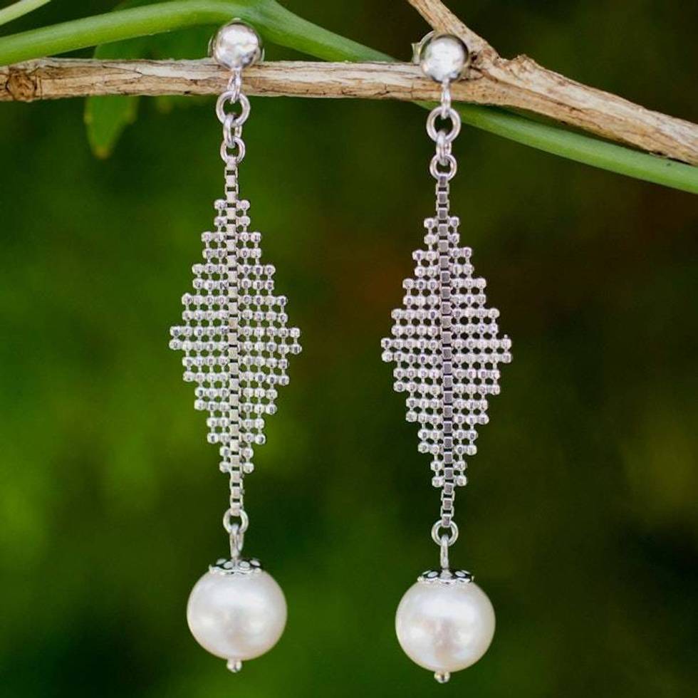 Contemporary Pearl Dangle Earrings in Sterling Silver 'Modern Muse'