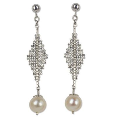 Alternate image for Contemporary Pearl Dangle Earrings in Sterling Silver Modern Muse