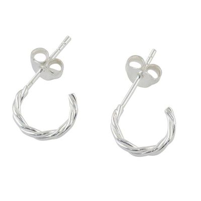 Alternate image for Thai Artisan Crafted Sterling Silver Half Hoop Earrings Intricately Minimal