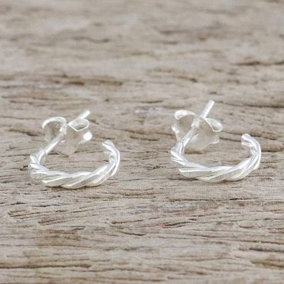 Alternate image for Thai Artisan Crafted Sterling Silver Half Hoop Earrings Intricately Minimal