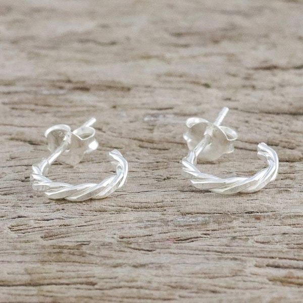 Alternate image for Thai Artisan Crafted Sterling Silver Half Hoop Earrings Intricately Minimal