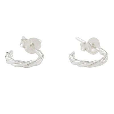 Alternate image for Thai Artisan Crafted Sterling Silver Half Hoop Earrings Intricately Minimal